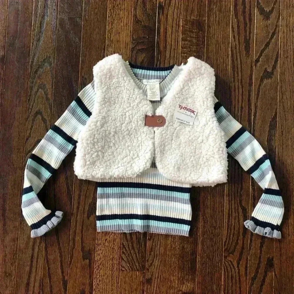 Cynthia Rowley Girls 4/4T Beige Sherpa Vest w/Striped Ribbed Long-Sleeve Tee Set